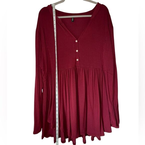 Women's Plus Size V Neck Button Tunic Tops Long Sleeve Flowy Shirt Wine Red 2X - Picture 4 of 10